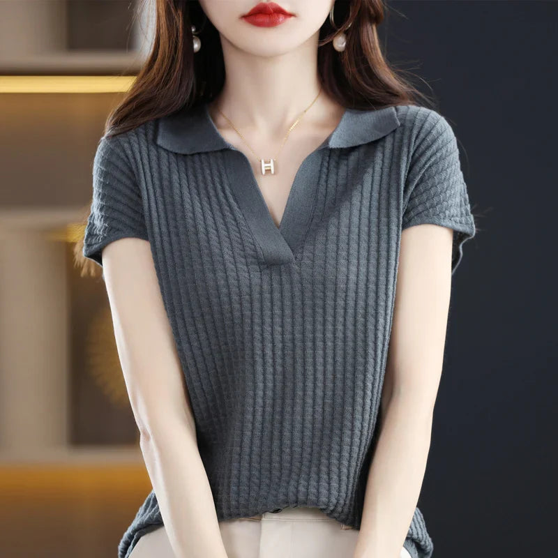 maoxiangshop Spring and Summer New Cashmere Sweater Polo collar Women's Short sleev Knitted Sweater Loose Thin Pullover Short-Sleeved
