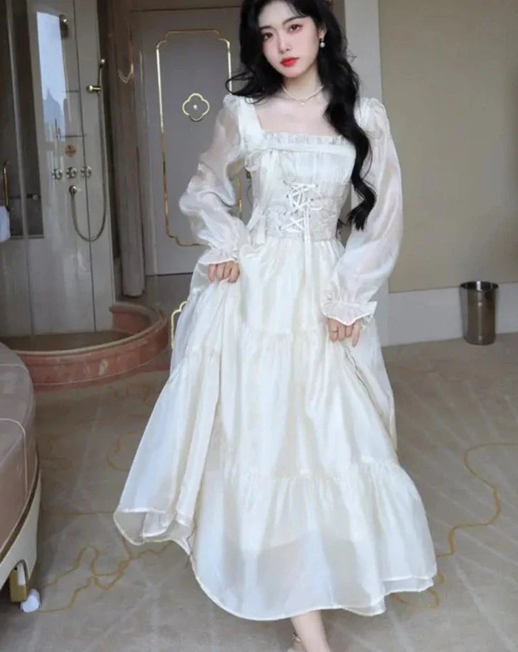 maoxiangshop French Elegant Solid Fairy Dress for Women Korean Sweet Long Sleeve Birthday Party Clothes Spring Summer Casual A-line Vestidos