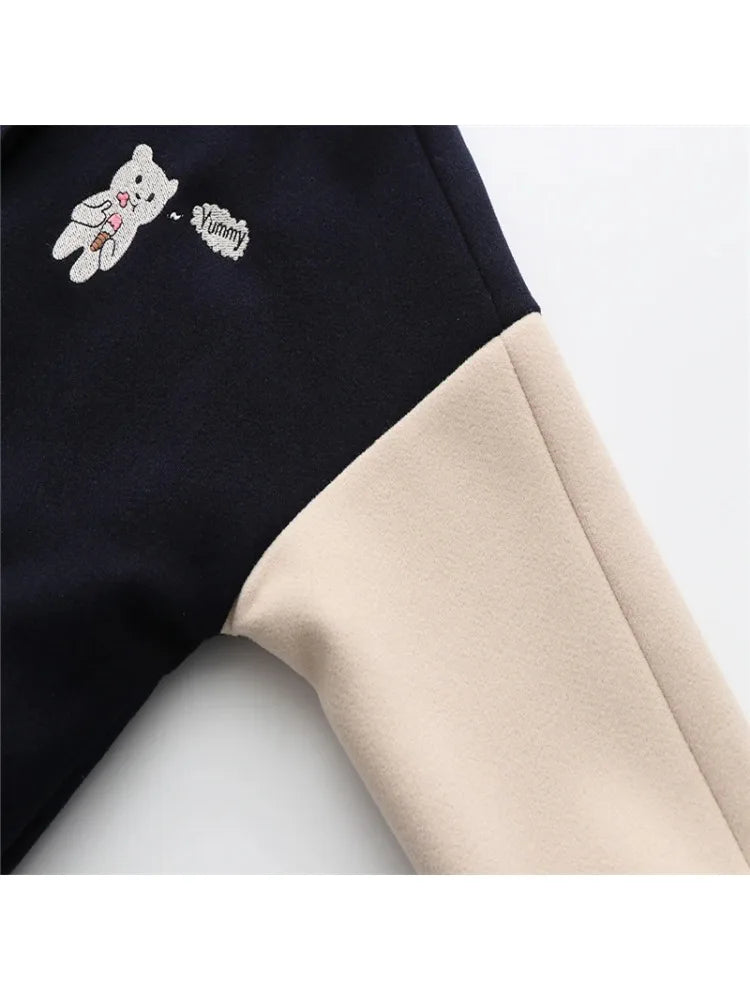 Jackets Women Winter Cartoon Embroidered Hooded Bomber Streetwear Casual Loose Long Sleeve Coat Mujer