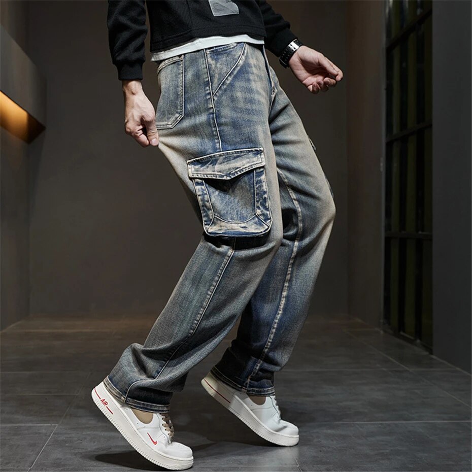 maoxiangshop 42 44 Plus Size Jeans Men Denim Pants Baggy Jeans Vintage Cargo Pants Loose Fashion Causal Trousers Male Big Size Bottoms