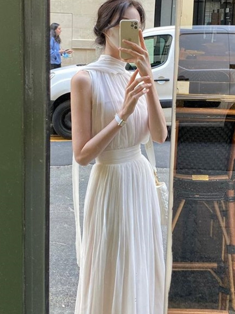 maoxiangshop Summer White France Vintage Dress Women Chiffon Elegant Evening Party Long Dress Ladies Casual Korean Style One-piece Dress