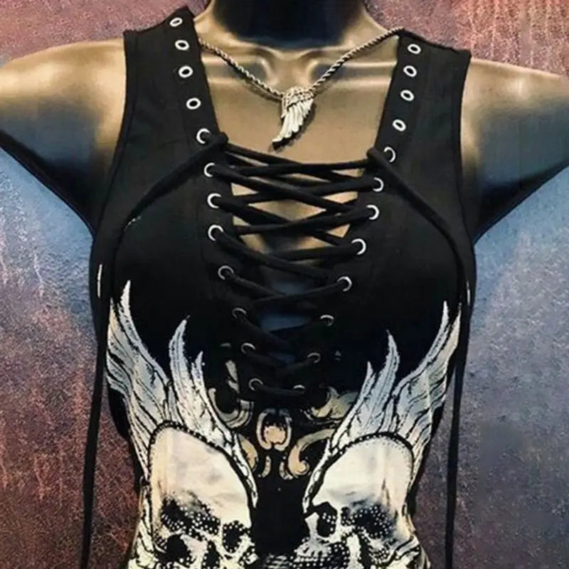 maoxiangshop - Dark Gothic Skull Print Tie Up Y2K Spicy Girl Slip Dress Summer New Fashion Slimming Tie Up Mid length Tank Top Women Clothing