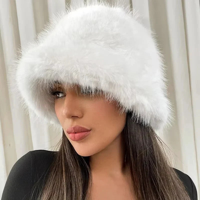 maoxiangshop - Fluffy Fur Bucket Hat for Women Imitation Mink Hair Warm Basin Cap Thickened Plush Winter Hats Lady Fashion Panama Fisherman Cap