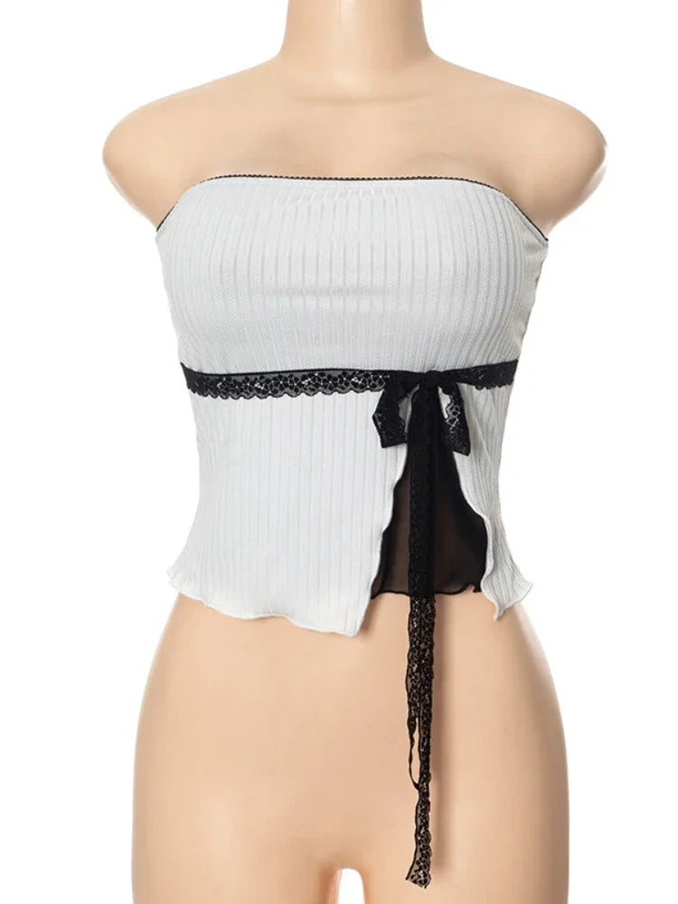maoxiangshop - Splice Mesh Slim Crop Tops For Women Sleeveless Off Shoulder Sexy Backless Cute Top Ladies Bow Bandage Short Tees Femme