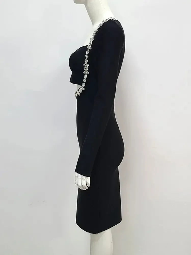 maoxiangshop New Summer Women's Black Long sleeved Luxury Diamond Hollow Tight and Sexy Celebrity Cocktail Party Bandage Dress