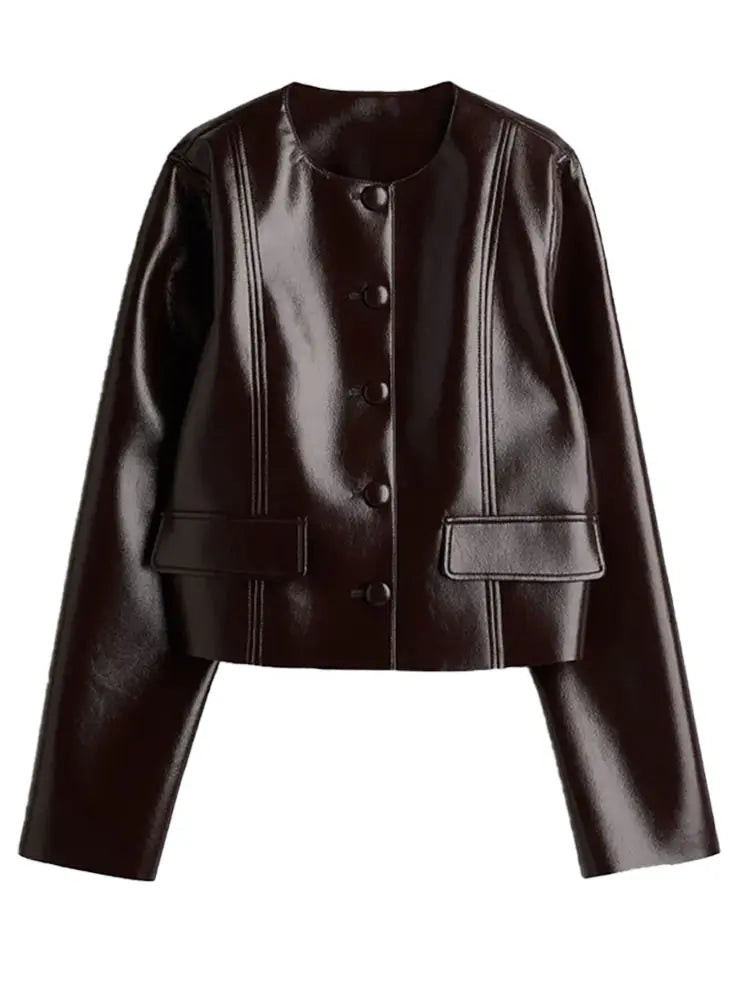 maoxiangshop - Fashion Leather Jacket Skirt Suit Women Lapel Button PU Coat Mini Skirts 2 Pieces 2024 Lady Autumn Street New in Matching Sets