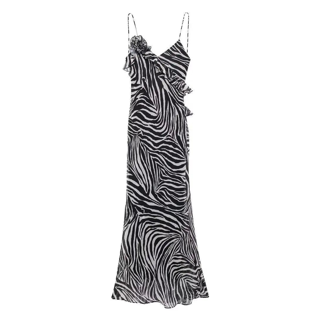 Sexy Women 3D Flower Strap Long Dress New Summer V-neck Sleeveless Ruffles Striped Dress Elegant Ladies Beach Party Dress