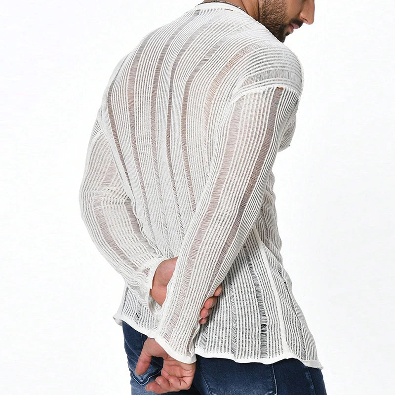 maoxiangshop Sexy See Through Knitted T Shirt Mens Long Sleeve O Neck Slim Stretch Knit Tops For Men Casual Breathable Solid Color Pullovers