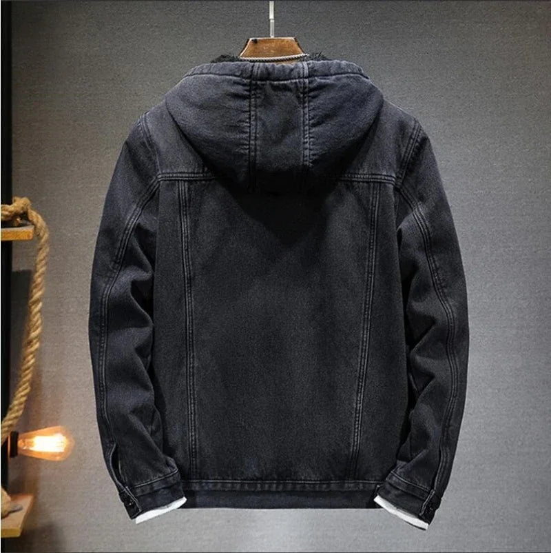 maoxiangshop New Thicker And Warmer Men's Hooded Denim Jacket Winter Lambswool Hooded And Padded Denim Jacket Size