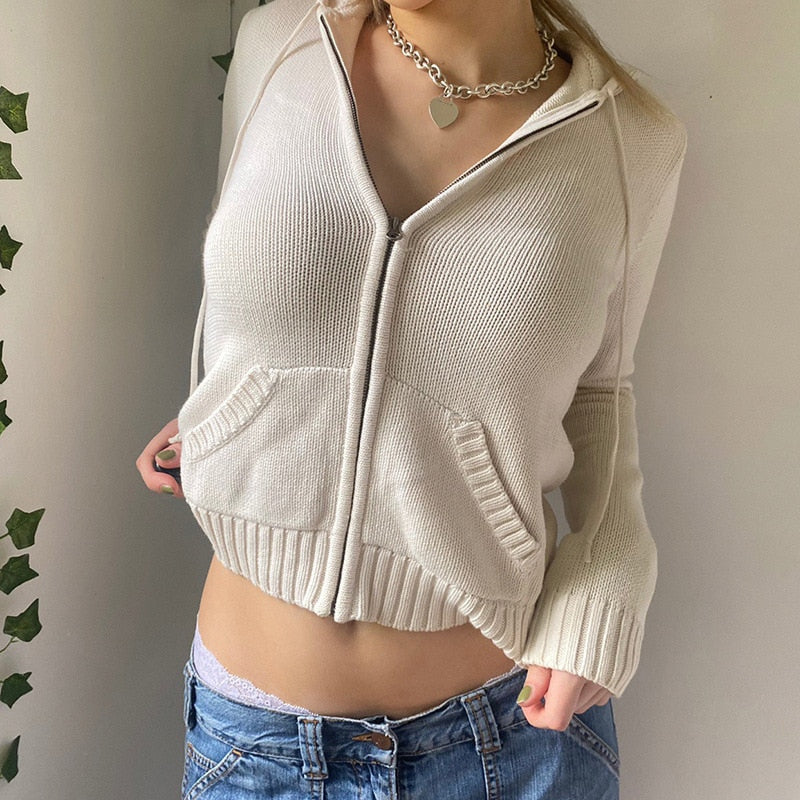 Vintage Brown Y2K Hooded Sweaters Women Autumn Winter Lantern Sleeve Zip Up Jacket Cardigan Knitted Hoodies Cropped Cardigan