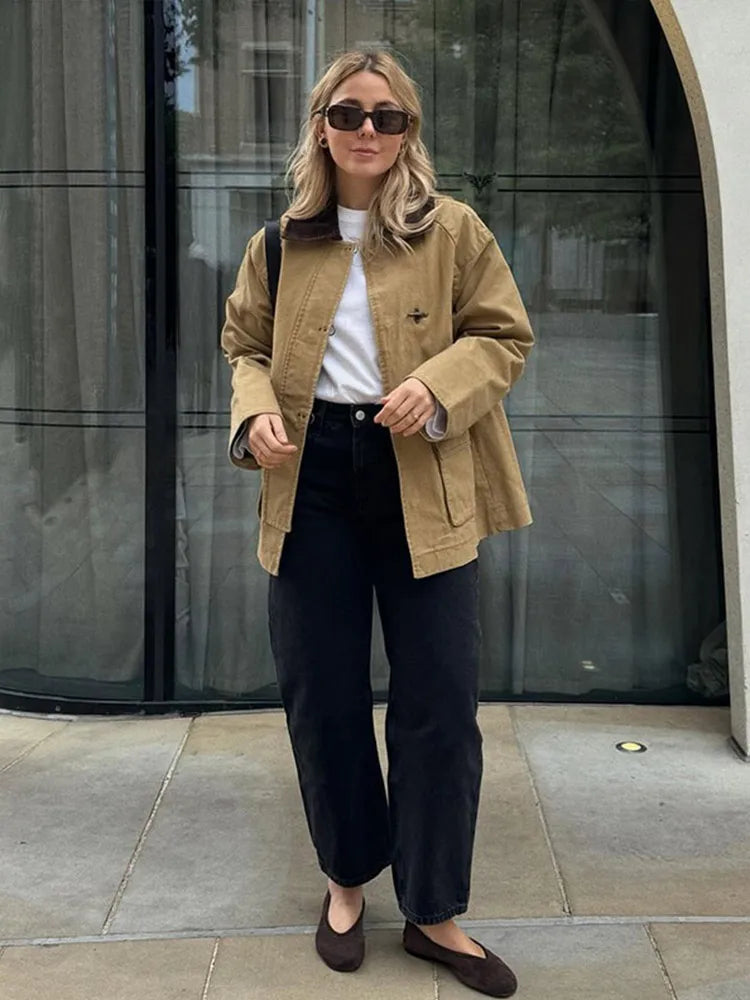 maoxiangshop - Retro Panelled Single-Breasted Jackets Women Casual Turn-down Collar Long Sleeved Jacket Female Autumn Fashionable Outwears Tops