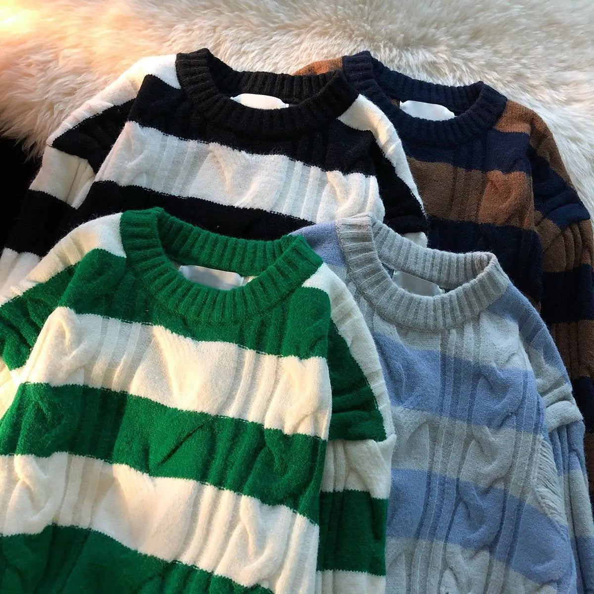 maoxiangshop Striped Retro Couple's Sweater Men's Autumn and Winter Design Sense Niche Thread Clothing Trend Brand Ins Loose Knit Sweater