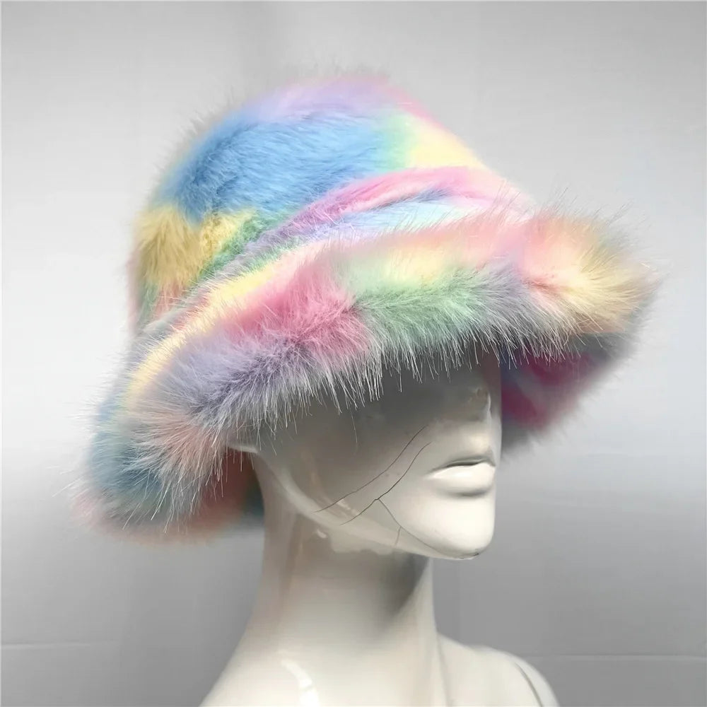 maoxiangshop - Luxury Ins Hot Y2k Girls Faux Fox Fur Bucket Hat Women Winter Warm Rabbit Fur Plush Fisherman Hat Cap Festival Party Ski Panama