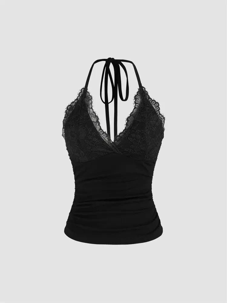 maoxiangshop Goth Grunge Punk Black Lace Patchwork Halter Top Women Summer Solid Ruched Backless Sleeveless Tank Top Streetwear Y2K Clothes