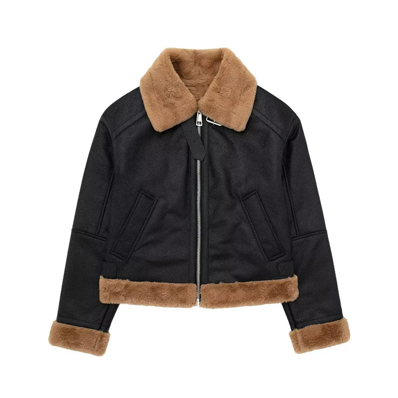 maoxiangshop - Loose Moto Biker Winter Shearling Sheepskin Leather Jackets Streetwear Thicken Parka Faux Leather Lamb Fur Outwear