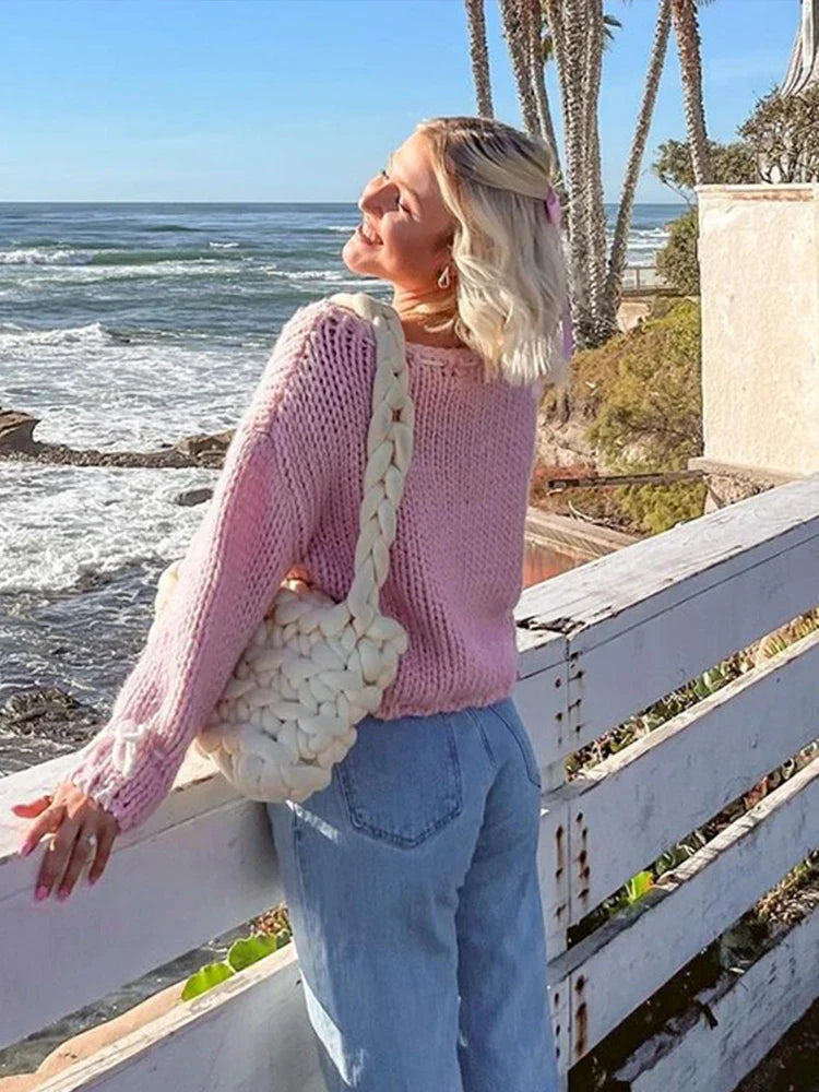 maoxiangshop - Casual Knitted Bow Contrast Women's Sweater Loose O-neck Long Sleeve Pullover 2024 Autumn Winter Sweet All-match Lady Sweater