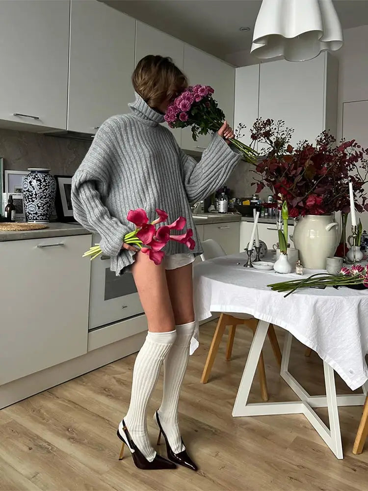 maoxiangshop - Women Elegant Grey Turtleneck Knitted Pullover Female Autumn Winter Long Sleeve Loose Sweater Basic Simple Lady Street Jumpers