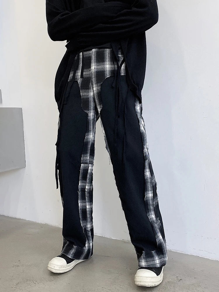 maoxiangshop 2024 Fashion Elegant Plaid Splicing Design Casual Pants Men's Trendy High Street Original Straight Tube Trousers