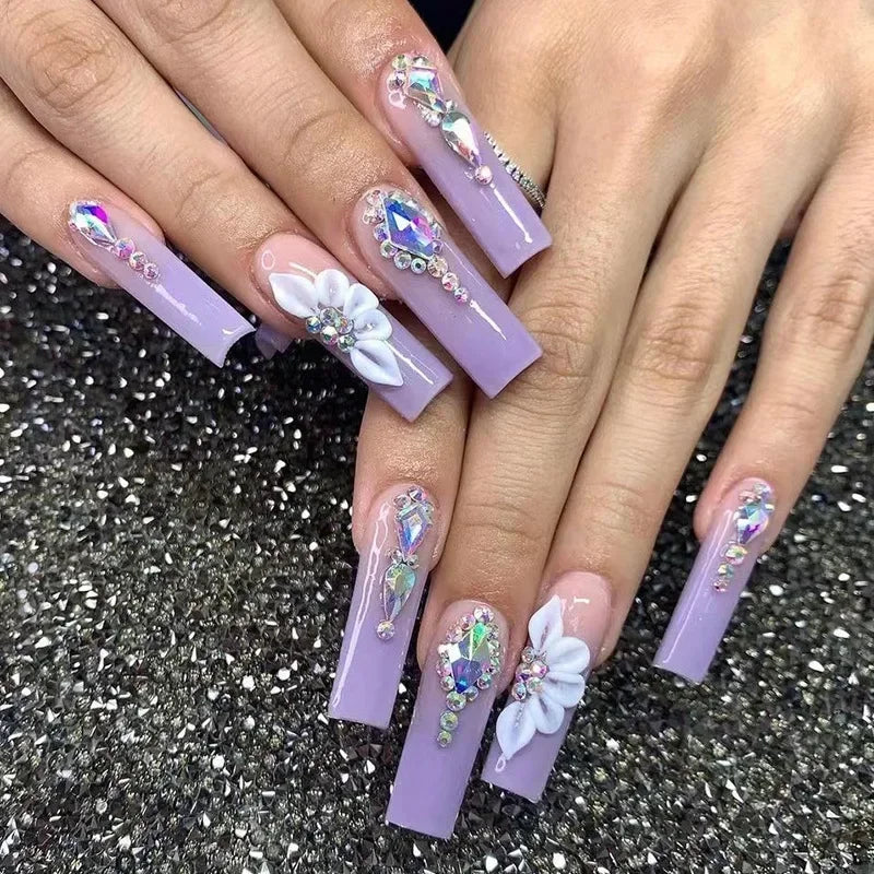 maoxiangshop 24Pcs Coffin False Nails Purple Butterfly Designs Fake Nails with Shiny Rhinestone Wearable French Full Cover Press on Nails