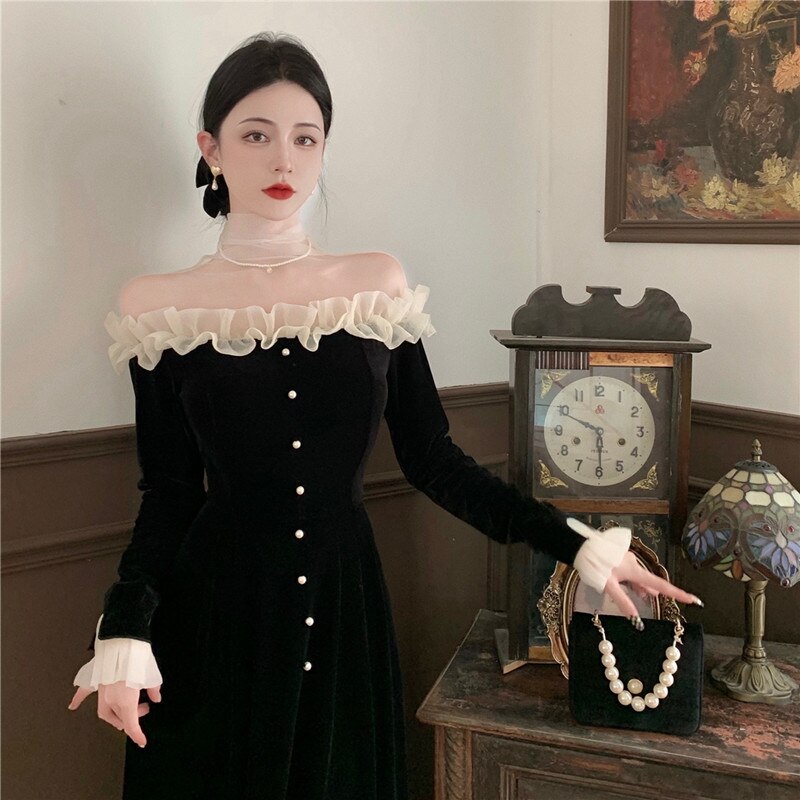 maoxiangshop Winter Velvet France Vintage Dress Women Korean Elegant Evening Party Midi Dress Ladies Long Slevee Retro Chic Dress Autumn