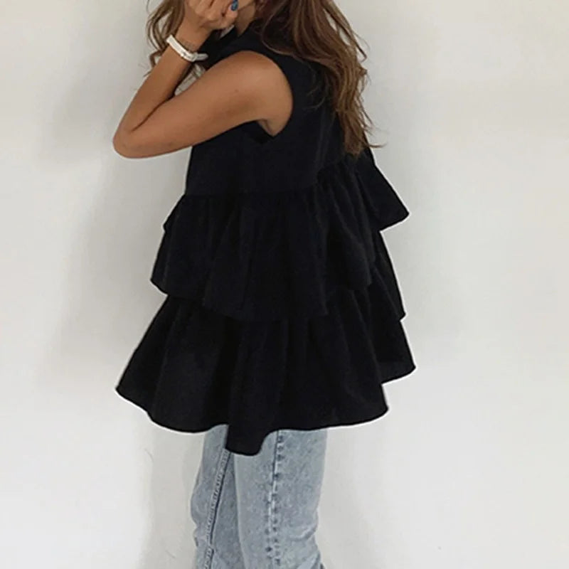 maoxiangshop - New Fashion Black Sleeveless Women's Summer Kawaii Round Neck T-shirt Top with Ruffled Cute Korean Women's Vest Top Loose