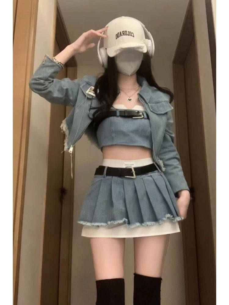 maoxiangshopHikigawa Chic Fashion Women Streetwear Y2k Denim Jackets+Sexy Strapless Tube Tank Top+HIgh Waist Pleated Mini Skirts 3 Set Mujer