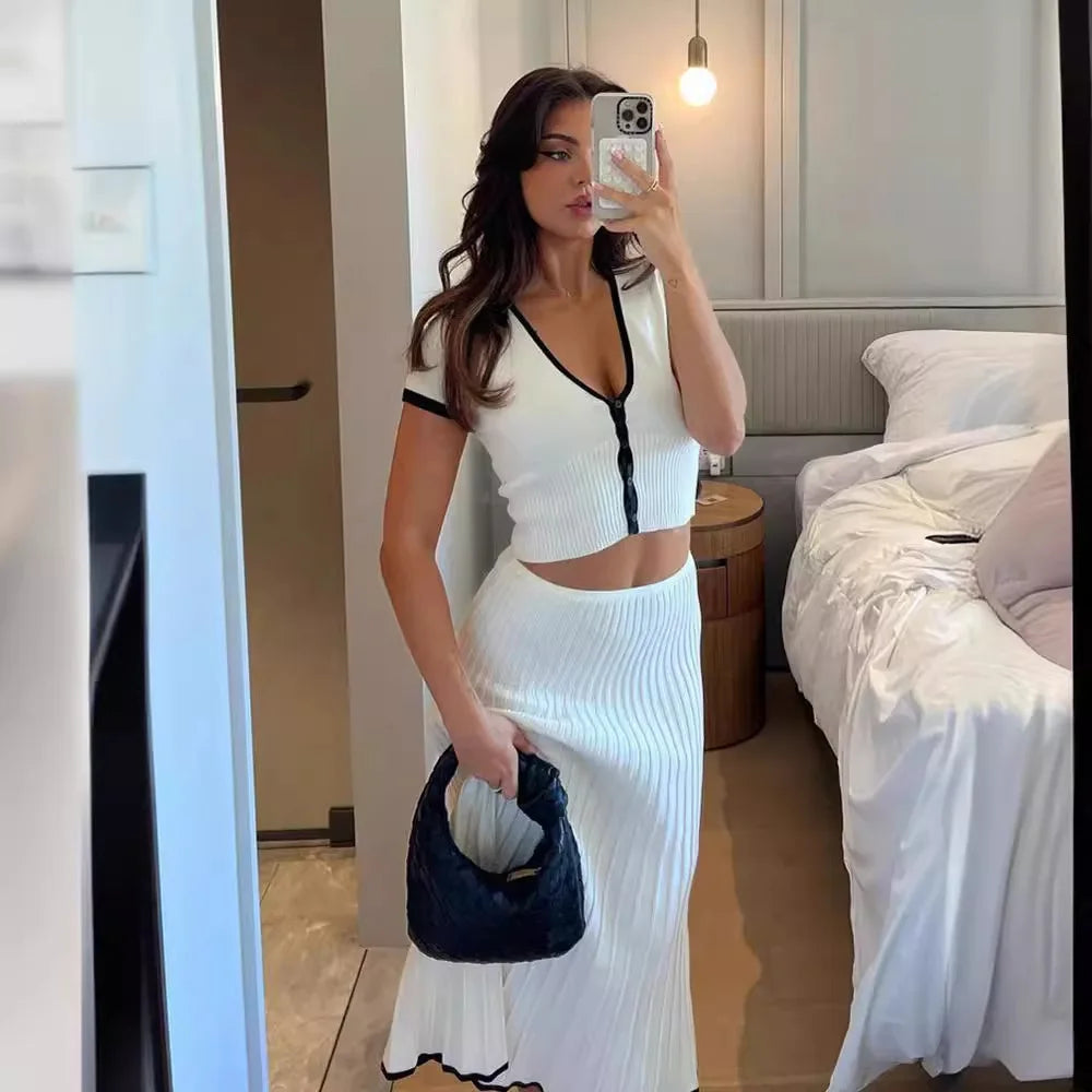 New Summer Knit Patchwork 2 Pieces Sets Women Crop Top Long A-line Skirts Matching Suit Knitwear Slim Fit Pleated Skirt Outfits