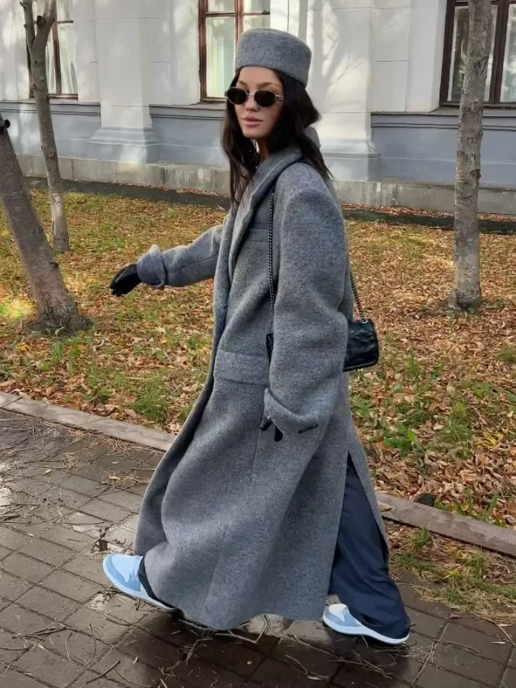 maoxiangshop - Fashion Grey Lapel Long Woolen Coats Women Double-breasted Pockets Long Sleeves Overcoat 2024 Autumn Lady Street Outerwear
