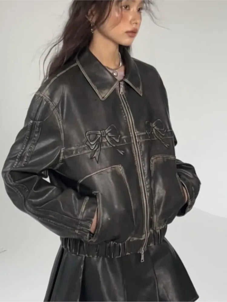 maoxiangshopY2k Bow Pu Leather Jacket Women Autumn Fashion Zipper Polo Collar Tops Sweet Cool Personal Street Vintage Oversized Coats