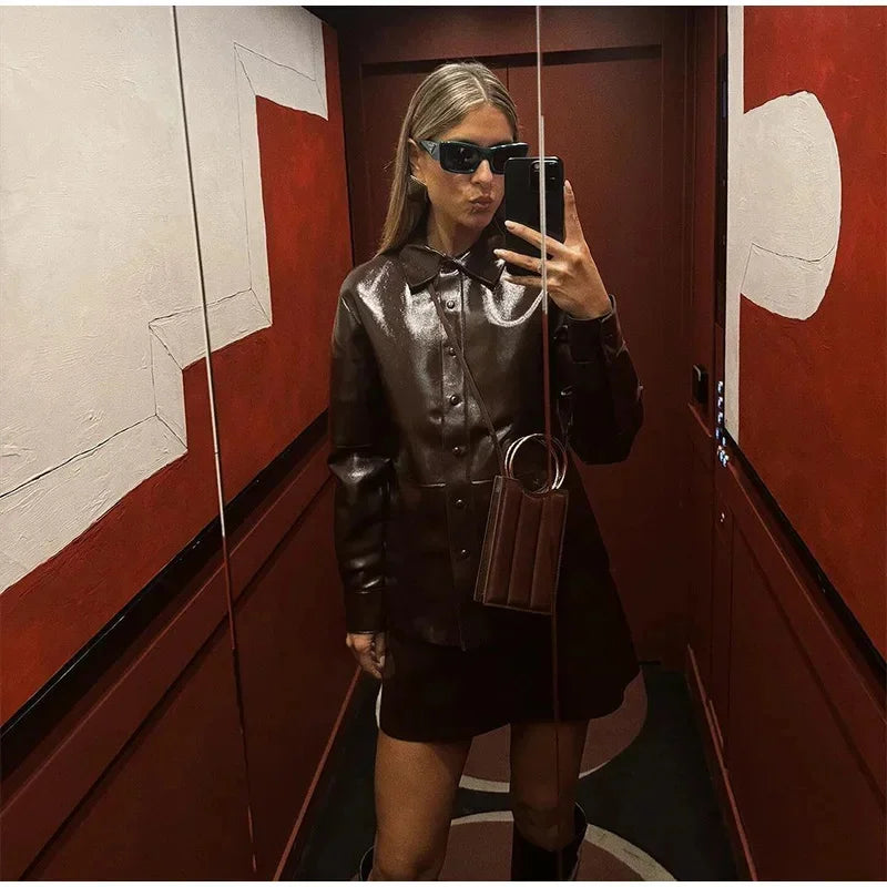 maoxiangshop - Fashion PU Leather Coat Skirt Sets Women 2024 Autumn Winter O-neck Long Sleeve Single Breasted Jackets Top Mini Skirt Ladies Set