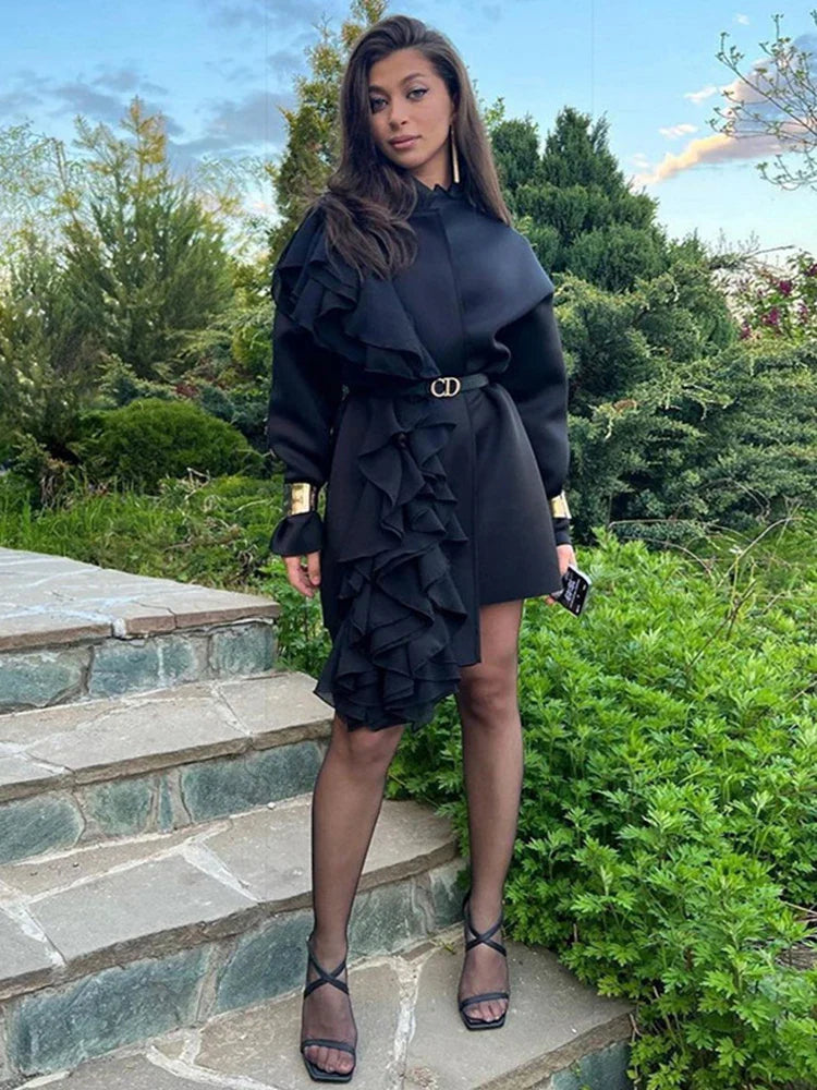 maoxiangshop - Splice Mesh Belted Long Sleeve Jacket For Women High Street Loose Irregular Black Outwear Lapel Autumn Winter 2024 New