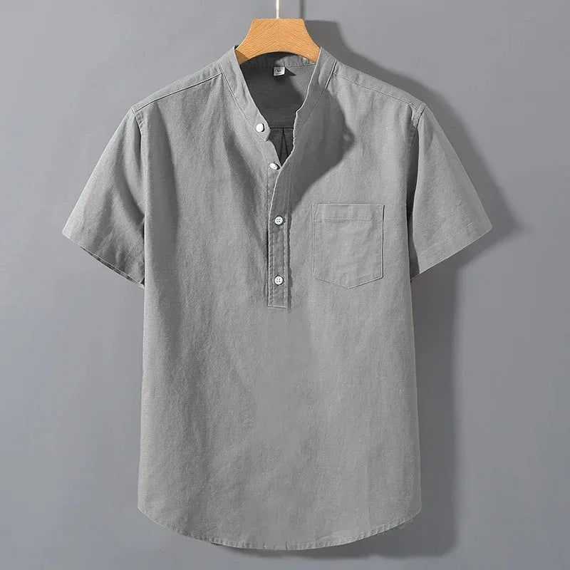 maoxiangshop New Mens Short Sleeve T Shirts Solid Color Stand Up Collar Shirt Summer Trendy Breathable Loose Youth Basic Cotton Pocket Top