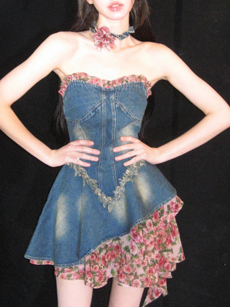 Summer Vintage Denim Dress Women Casual Patchwork Floral Party Mini Dress Female Korean Fashion Designer elegant Slim Dress