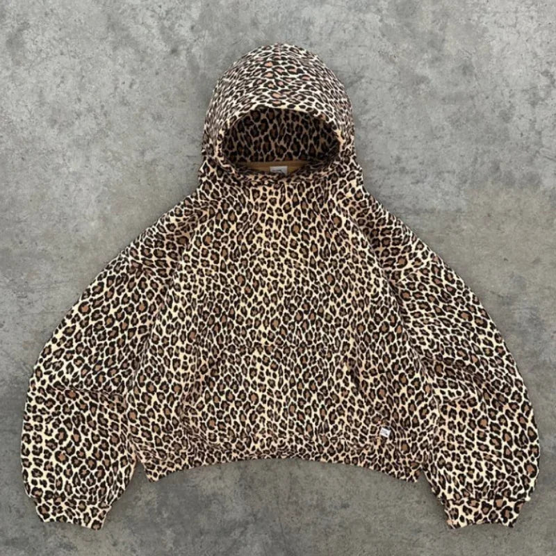 maoxiangshop Y2k Leopard Print Vintage Hoodies Women American Retro Fashion Streetwear Hiphop Oversized Hooded Sweatshirt Autumn