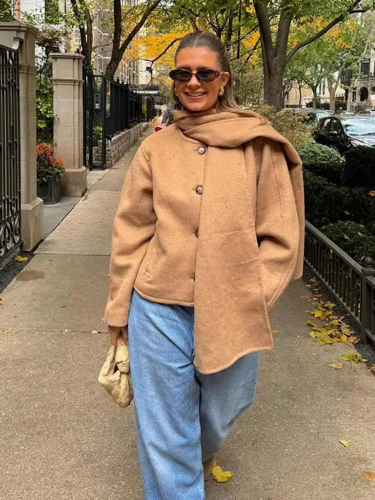 maoxiangshop - Chic Scarf Collar Women Short Coats Women Casual Single Breasted Long Sleeve Jackets 2024 Autumn New Lady High Street Outerwear