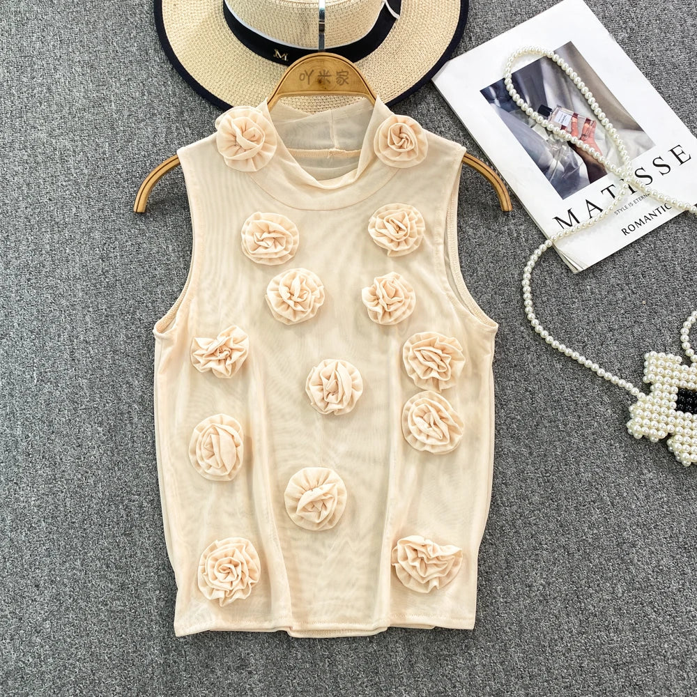 maoxiangshop American Chic Tank Top Women 3D Floral Mesh Sheer Stand Collar Sleeveless Female Crop Tops Streetwear Hot Camisole