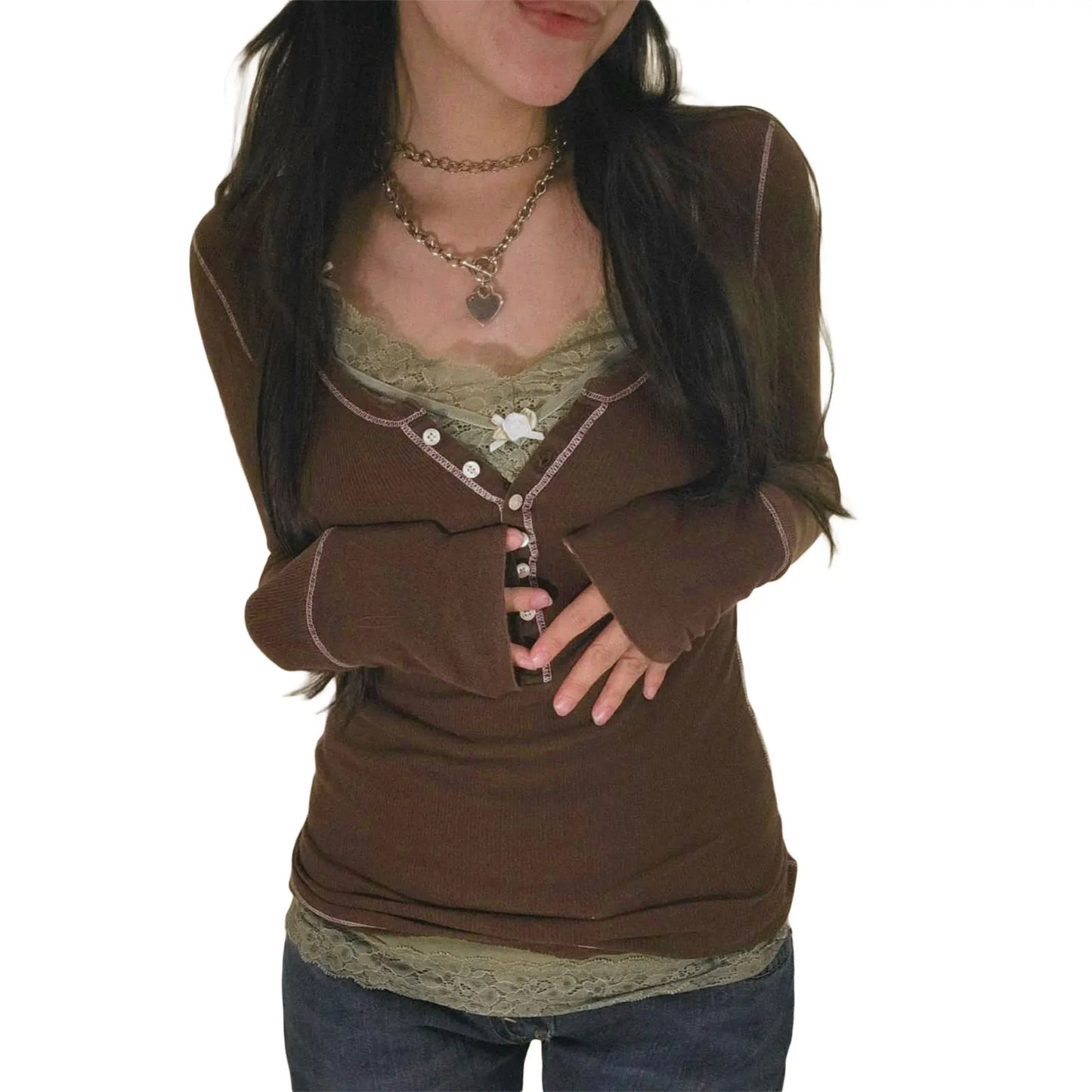 maoxiangshopWomen s Spring Autumn Slim Tops Black Long Sleeve Button Down Ribbed Skinny T-shirt