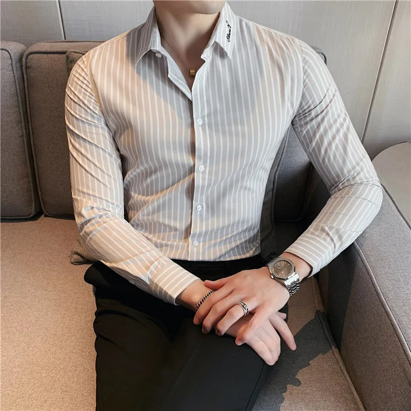 maoxiangshop British Style Men Long Sleeved Shirt Autumn Anti-wrinkle Soft Solid Casual Elastic Slim Fit Camisas Y Blusas Men Clothing