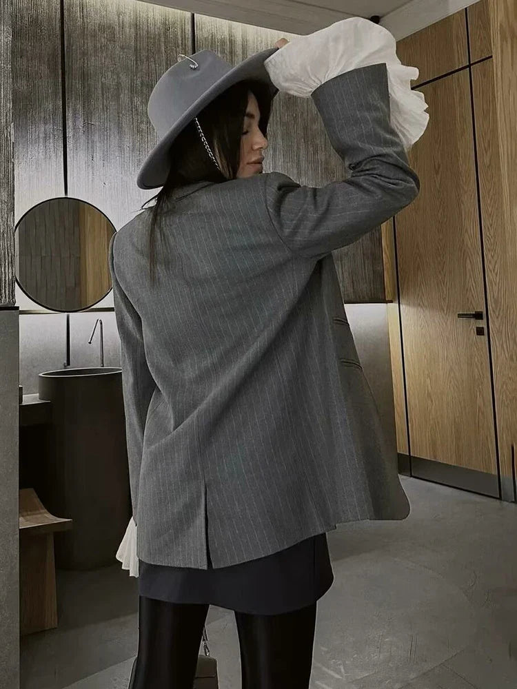 maoxiangshop - Fall New Striped Blazer Coat For Women With Detachable Splice Flare Long Sleeve Casual High Street Lapel Female Blazer