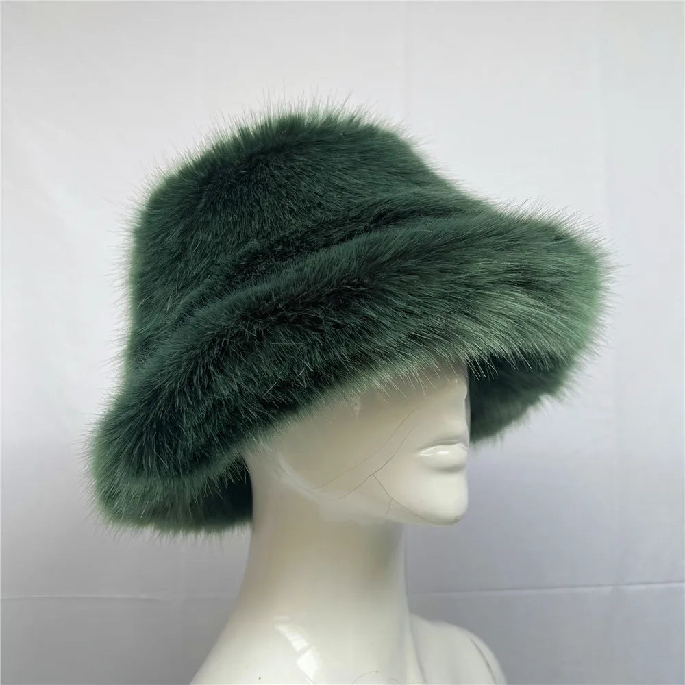 maoxiangshop - Luxury Ins Hot Y2k Girls Faux Fox Fur Bucket Hat Women Winter Warm Rabbit Fur Plush Fisherman Hat Cap Festival Party Ski Panama
