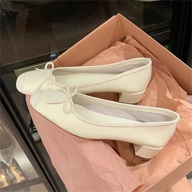 maoxiangshop - Fashion Elegant Silk Ballerinas Women Pumps Slip on Loafers Round Toe Square Heels Bowknot Casual Spring Autumn Shoes