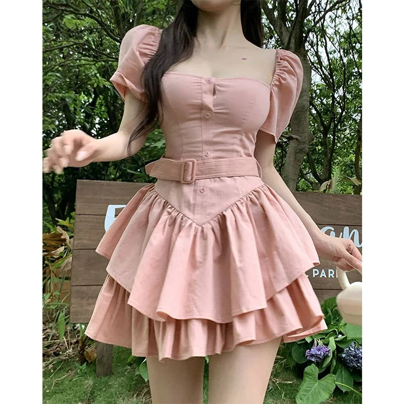 maoxiangshop - Y2K Pink Mini Dress Women Sweet Belt Square Collar One Pieces Dresses Party Prom Korean Cute Puff Sleeve Bodycon A Line Vestidos