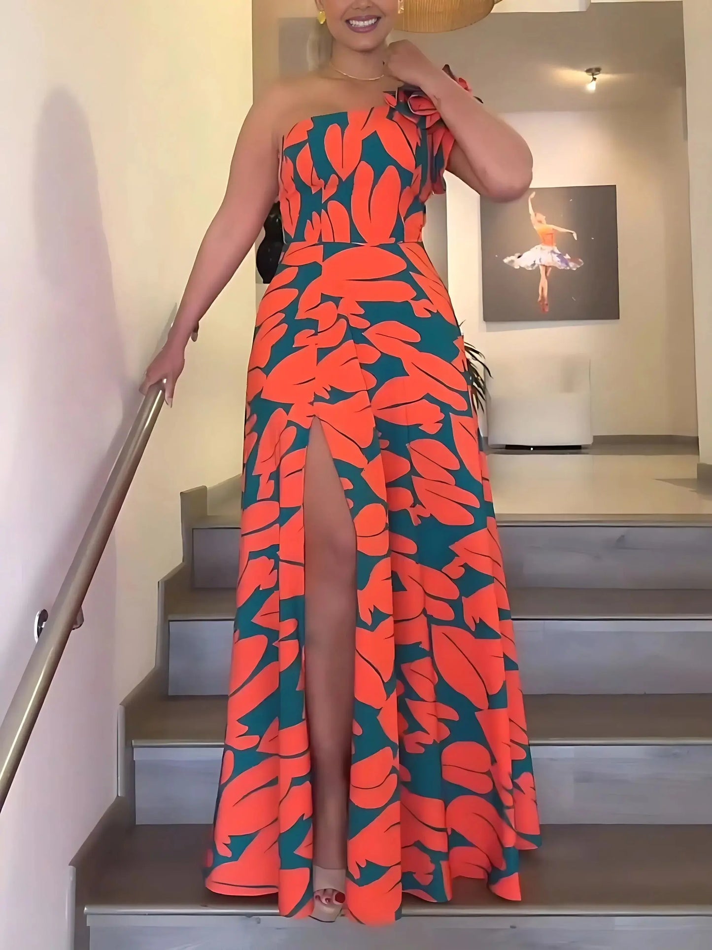 maoxiangshop Women's Elegant Floral Printed Long Dresses, Casual Strapless, A Line Dresses, Ladies Side Split, Summer