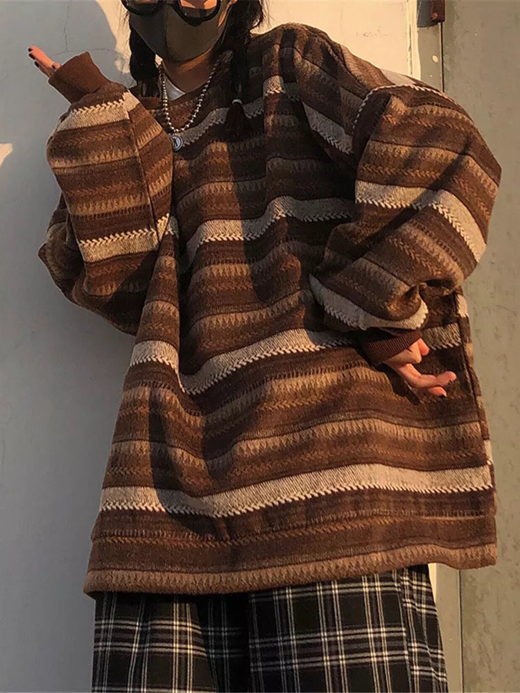maoxiangshopStriped Sweaters Women Oversize Pullovers Autumn Winter Knit Sweater Hip Hop Ulzzang BF Unisex Jumper Ladies Retro Couples Tops
