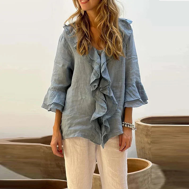 maoxiangshop - Autumn Casual Loose 3/4 Flying Sleeved Blouse Retro Solid Single Breasted Office Clothing Elegant V Neck Ruffles Women Pullover