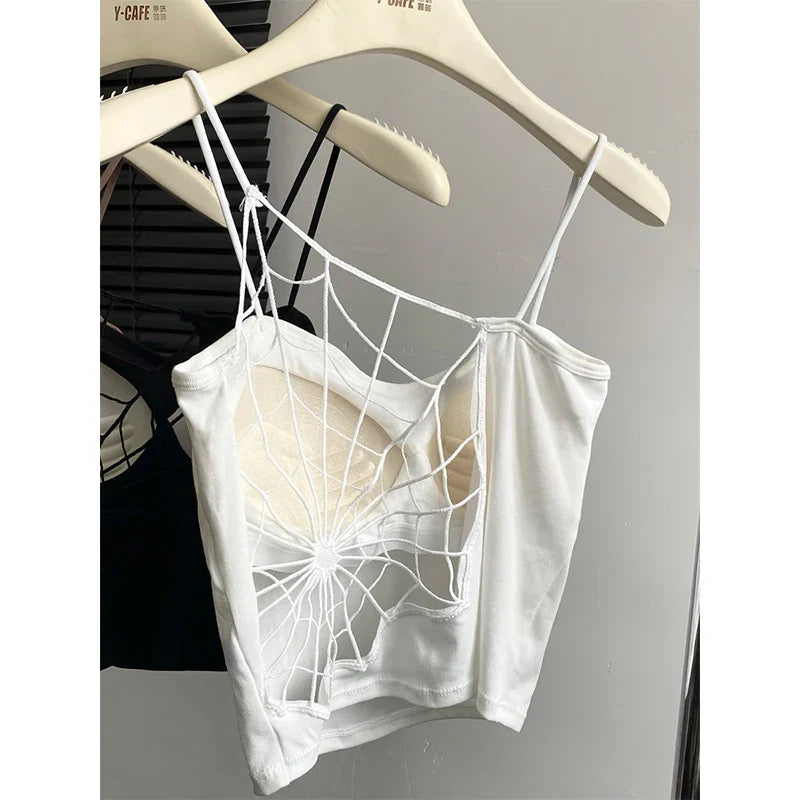 maoxiangshop Women Black Hollow Out Crop Top Vintage Y2k Camisole Corset Top Sleeveless Off Shoulder Vest 90s Tank Tops 2000s Clothes Summer
