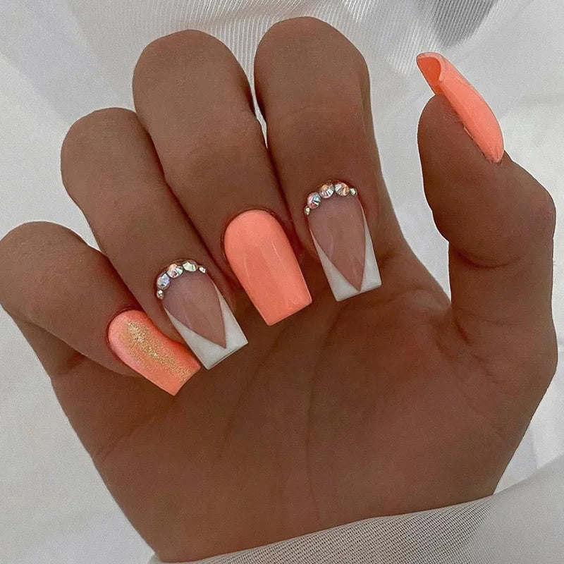 maoxiangshop 24Pcs Long Square Head False Nails with Gold Foil Design Wearable Black French Fake Nail Glitter Coffin Full Cover Press on Nail