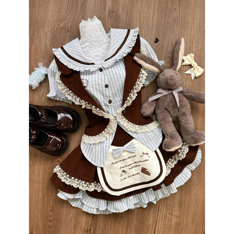 maoxiangshop - Girl Lotus Leaf Lolita Girls Splicing Cute Color Contrasting Shirt Hollow High Waist Lace Bubble Puff Cake Skirt Set 3-Piece Set