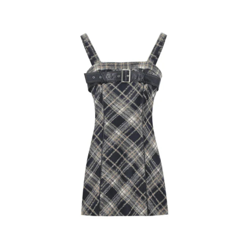 Autumn Elegant Plaid 2 Piece Dress Set Women Outwear Casual Black Blouse + Vintage Slim Strap Dress Korean Fashion Suit