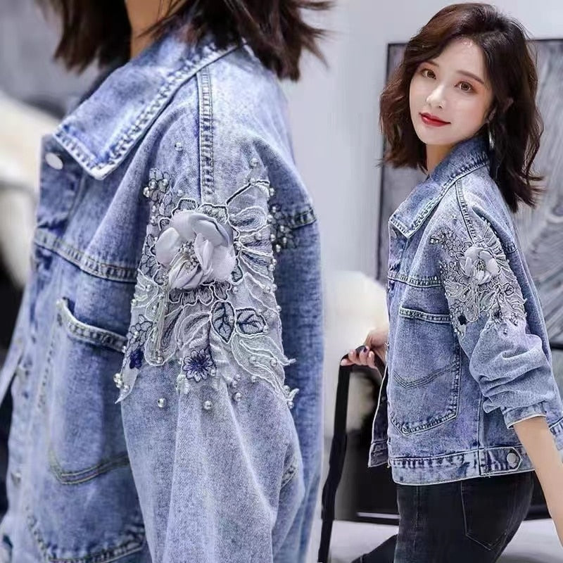 maoxiangshop Autumn Denim Jacket Women Hand-studded Pearls Punk Tassel Veste Femme Loose Short Jeans Coats Chaquetas Mujer Streetwear